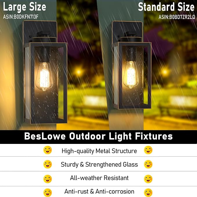 BesLowe 15’’ Large Outdoor Wall Lights, Porch Lights Black with Gold Trim | Waterproof Metal Construction, Rust-resistant, Quick & Easy Installation, Clear Glass Shades & Standard E26 Socket