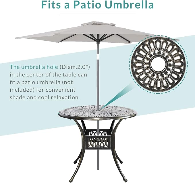 MEETWARM 3-Piece Outdoor Patio Dining Set, All-Weather Cast Aluminum Patio Conversation Set, 2 Cushions Swivel Rocker Chairs and 35.4" Round Table for Backyard Garden Deck, Umbrella Hole, Ocean Blue