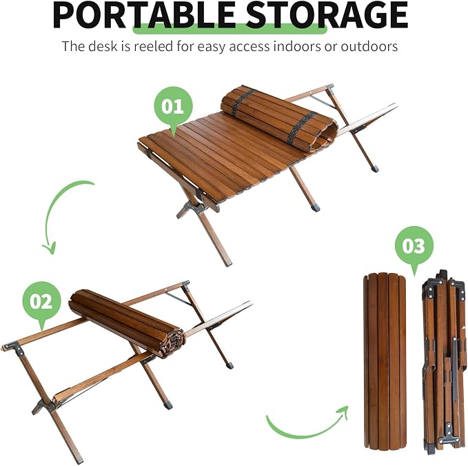 UNICOO –Bamboo Roll Up Picnic Table, Portable Camping Table W/Carry Bag, Low Height Foldable BBQ Top for Indoor & Outdoor Party, BBQ and Hiking (Antique Brown, 4 FT)