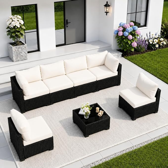 7 Pieces Outdoor Patio Furniture Sets, Patio Sectional Sofa Couch, PE Rattan Outdoor Wicker Sectional Furniture Sofa Set, Glass Coffee Table, for Balcony, Porch, Garden, Beige