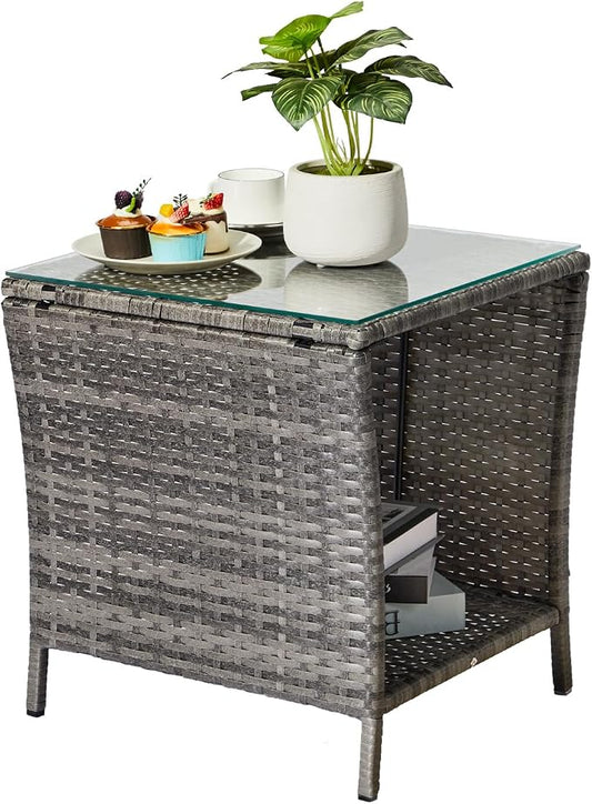 18" Patio Rattan Wicker Side Tables,Outdoor Square Wicker End Table,Waterproof Patio Coffee Side Table,Outside Storage Coffee Tables,with Glass Top,for Garden Porch Poolside Deck Backyard (Grey)