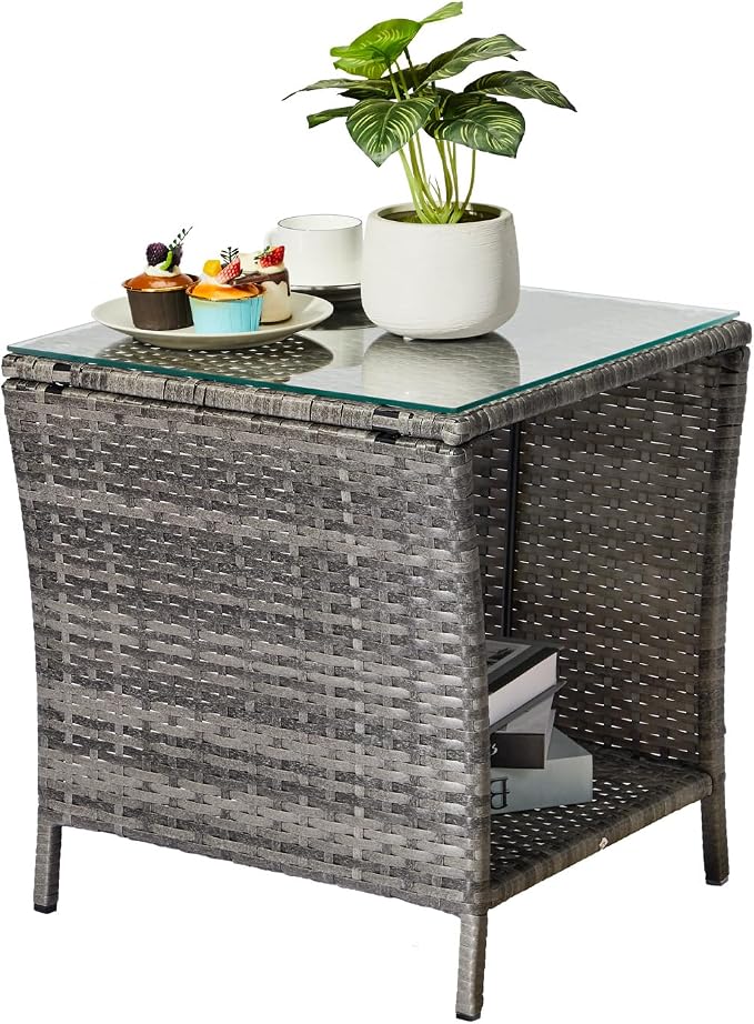 Outdoor Wicker Side Table with Tempered Glass, All-Weather Rattan Side Table with Storage Shelf, Wicker Patio Table for Outdoor Patio, Porch, Garden, Grey