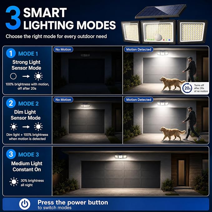 Solar Outdoor Lights Motion Sensor, 2500LM 286 LED Security Flood Lights with Visual Battery & Mode Display, 3 Lighting Modes, IP65 Waterproof 3-Head Wide Angle for Garage, Yard, Patio (2 Pack)