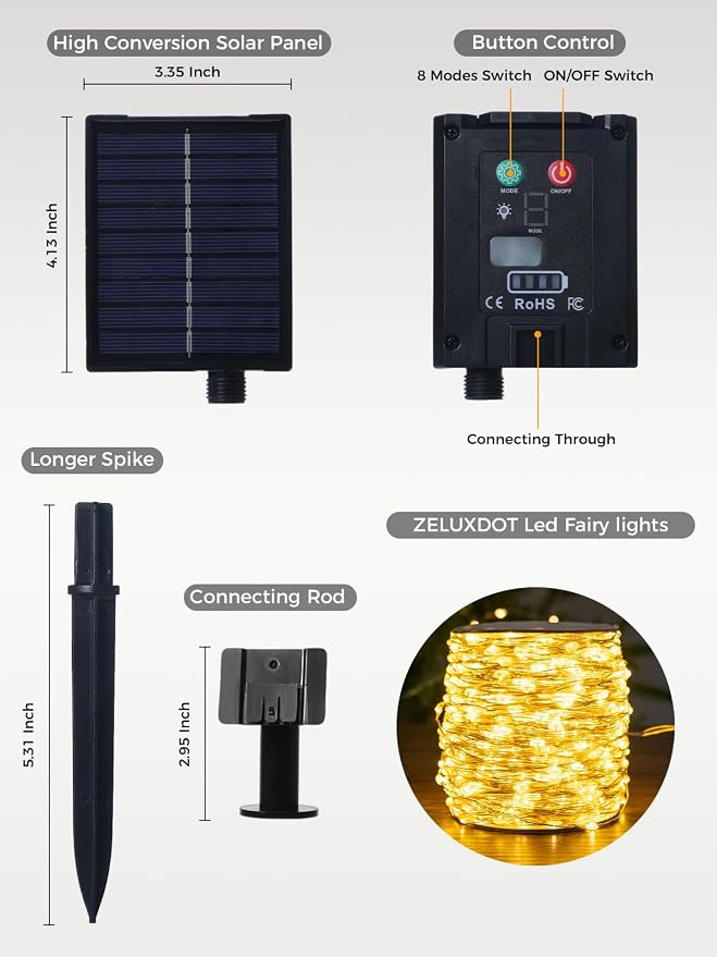 Solar String Lights for Outside,100FT 300 LEDs Solar Fairy Lights,Waterproof 8 Modes Button Outdoor String Light for Patio Garden Backyard Tree Wedding Christmas,Silver Wire,Warm White