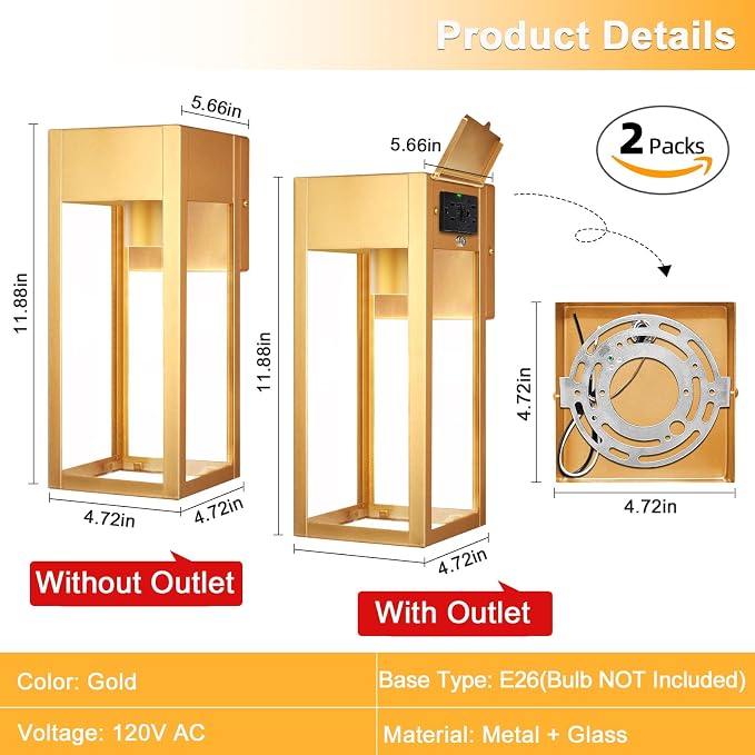 2 Pack Porch Lights Outdoor Wall Sconce, Outdoor Light with GFCI Outlet, Waterproof Exterior Wall Lantern Light Fixtures, Anti-Rust Wall Lamp with Clear Glass for Patio Doorway Garage- Gold