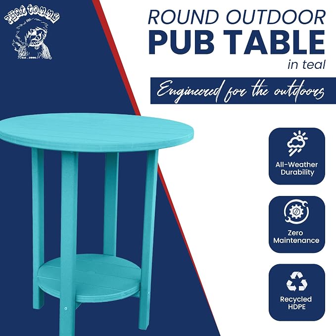 Phat Tommy Round Bar Height Patio Table - Outdoor Bar Table - Balcony Height Patio Furniture for Your Deck - Poly Outdoor Furniture, Teal