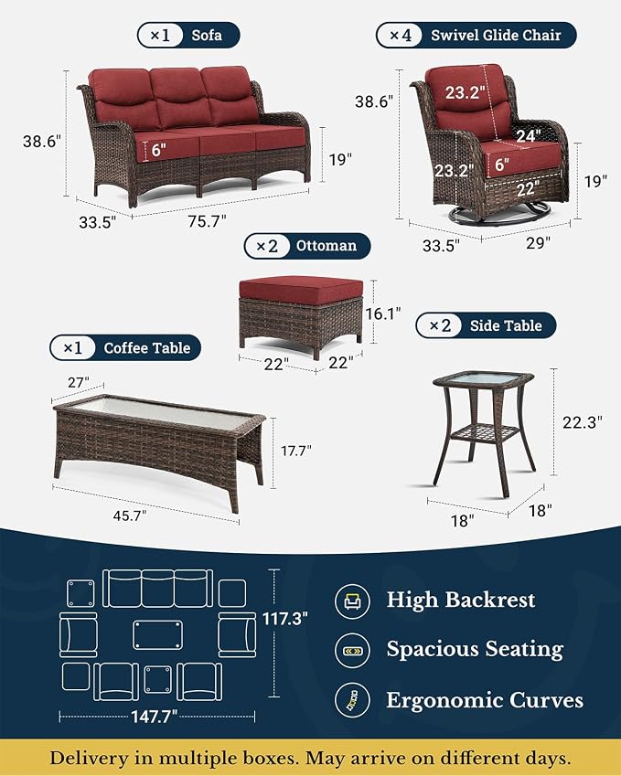 HILLGA 10-Piece Luxury Patio Furniture Set with 6" Thick Cushions, Weather-Resistant Wicker High Back Swivel Rocker Chairs, Senior-Friendly Outdoor Sofa Set for Large Deck and Poolside, Burgundy(V2)
