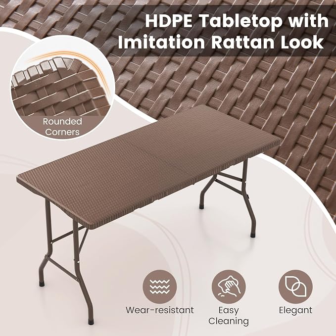 Giantex 5 FT Folding Table, HDPE Foldable Dining Table for 6, Indoor Outdoor Use for Party Banquet Wedding Picnic Camping BBQ, Fold-in-Half Portable Space Saving Design (Brown)