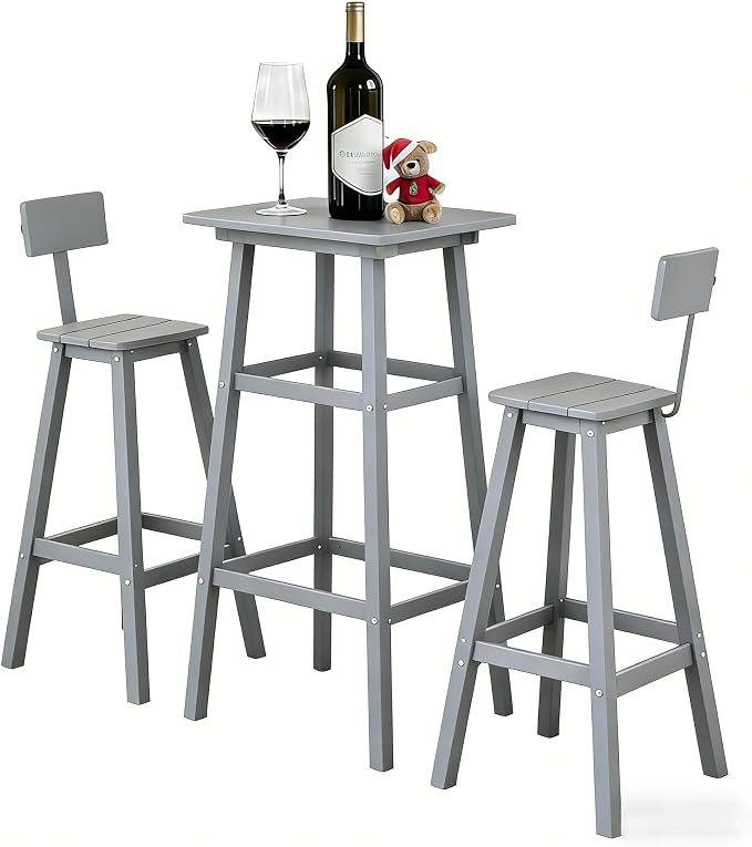 3-Piece Outdoor Counter Height Bar Table Set, 42" Pub & Bistro Table with 2 Stools, HDPE Weather Resistant for Patio/Backyard/Garden/Poolside, Grey