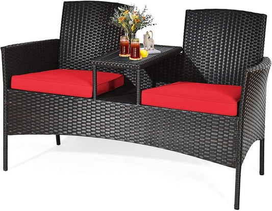HAPPYGRILL Outdoor Loveseat Patio Rattan Wicker Conversation Set with Removable Cushions, Wicker Sofa Furniture Set with Coffee Table for Garden Lawn Backyard