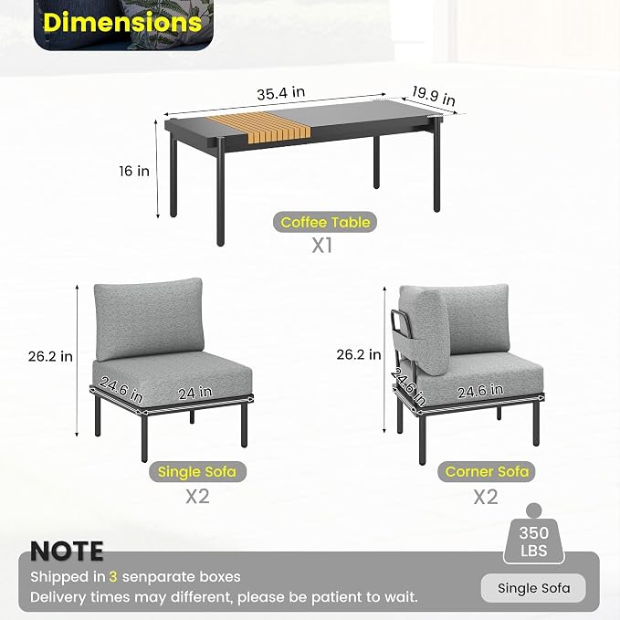 Sundale 5 Pieces Outdoor Patio Furniture Set, Metal Sectional Sofa Patio Conversation Set with Coffee Table, Modern Patio Corner Couch for Balcony, Porch, Sunroom