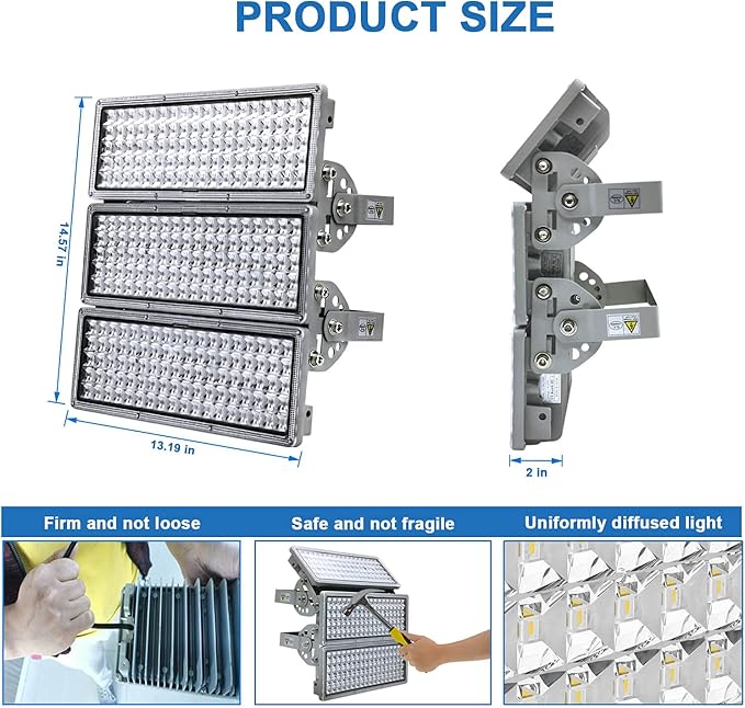 Kekeou 300W LED Stadium Light, 42000LM 100W 3-Pack Sports Field Lighting | 6500K. Flicker-free, IP67 waterproof, 10KV surge. rugged build. 180° adjustable, easy install for docks parking lot