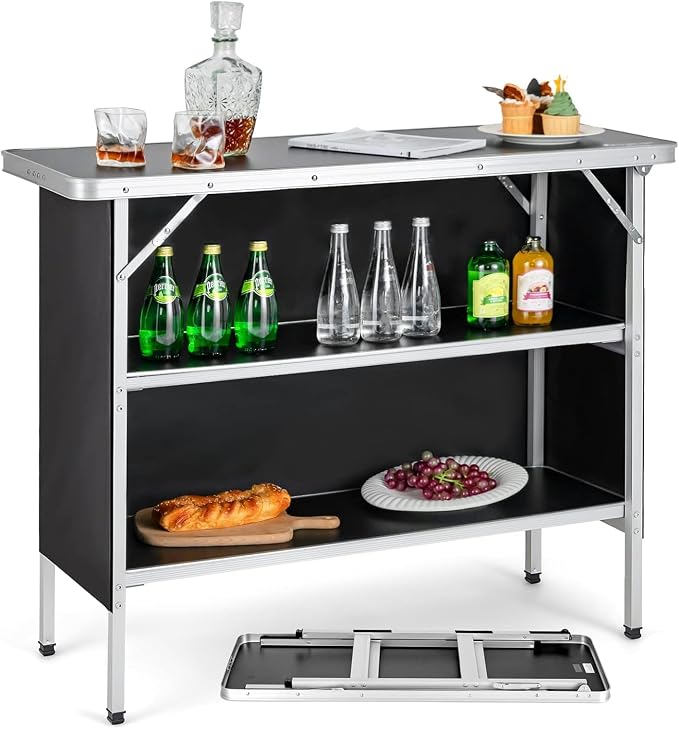Goplus Folding Camping Table, Portable Pop-Up Bar Table with 2-Tier Storage Shelves, Removable Cloth Cover, Aluminum Foldable Camp Table for Picnic, Tailgate, Party, Travel, Outdoor