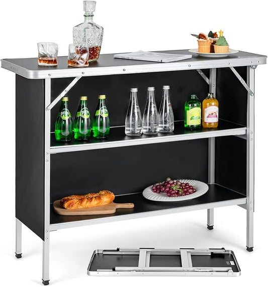 Goplus Folding Camping Table, Portable Pop-Up Bar Table with 2-Tier Storage Shelves, Removable Cloth Cover, Aluminum Foldable Camp Table for Picnic, Tailgate, Party, Travel, Outdoor