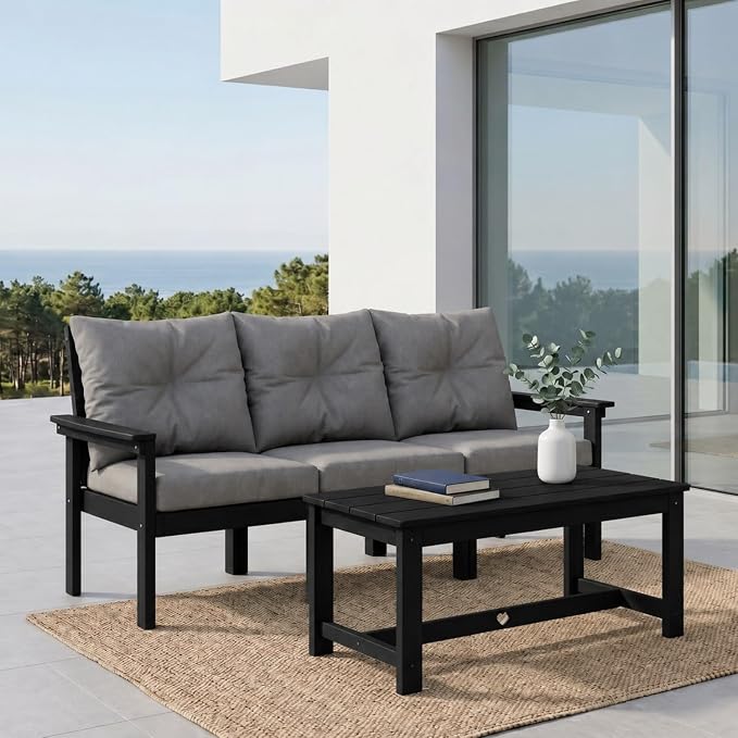 HDPE 4 Piece Patio Furniture Set, All-Weather Outdoor Couch with Thick Cushions & Coffee Table, Patio Conversation Sets for Lawn, Garden, Porch, Balcony, Deck, Poolside,Black Frame Grey Cushion