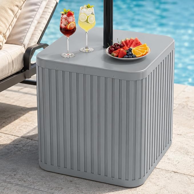 BoYata Outdoor Umbrella Side Table, 2-in-1 Outdoor Side Table with Umbrella Hole, 15.9 Gallon Fillable Umbrella Stand Base, Fit Up to 1.5" Pole, Square Patio Side Table for Poolside, Deck, Matte Gray