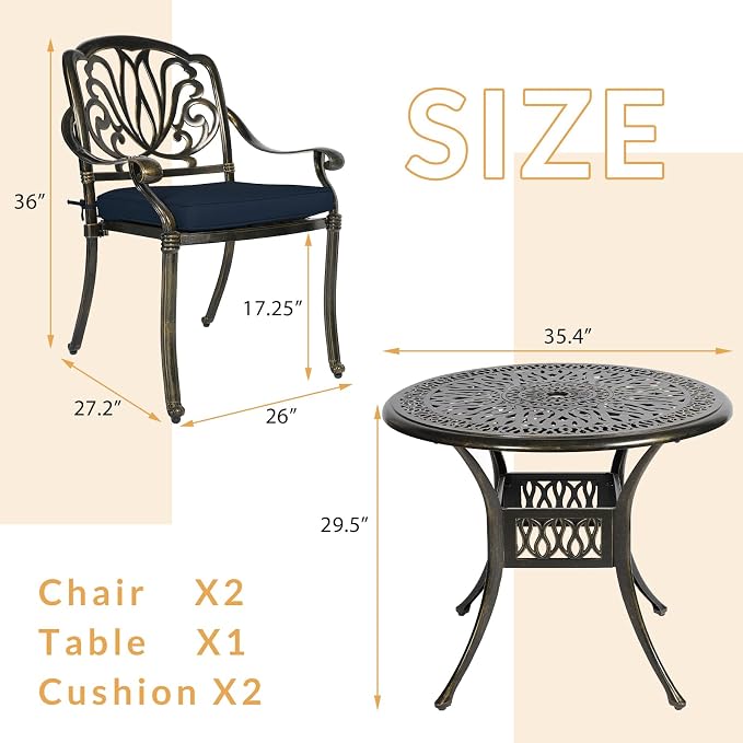 3-Piece Outdoor Patio Dining Set, All-Weather Cast Aluminum Patio Furniture Set for Backyard Garden Deck with 2 Cushioned Chairs and 35.4” Round Table, 2" Umbrella Hole, Navy Blue