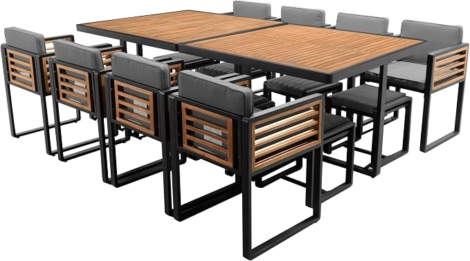 18-Piece Outdoor Patio Acacia Wood Dining Table Set, 2 Square Table with 8 Cushioned Chairs& 8 Stools, All-Weather Resistant Conversation Set with Metal Frame, Space-Saving Design for 8 (Gray-18P)
