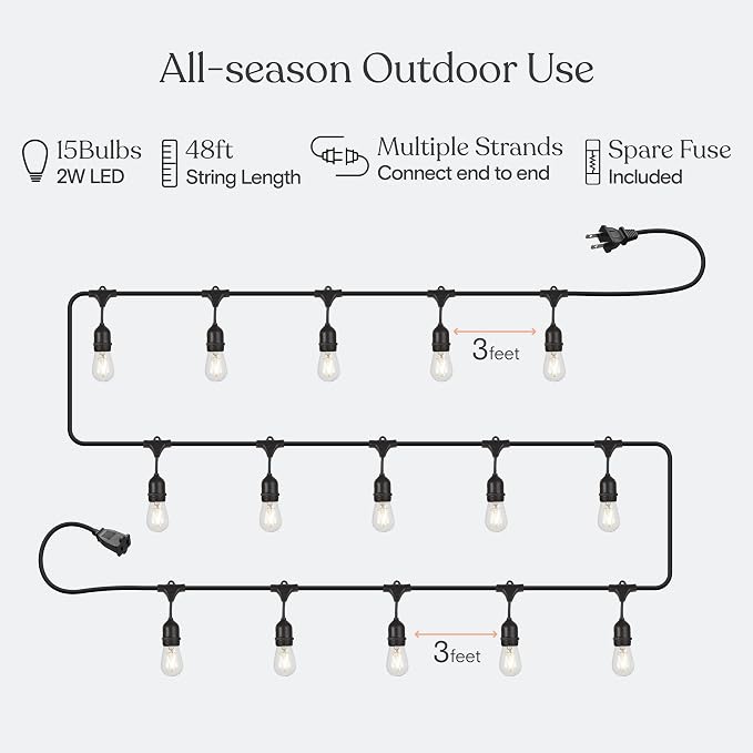 Brightech Ambience Pro LED String Lights, Commercial Grade 48 ft | Dimmable Outdoor String Lights, Waterproof Patio Lights, 15 Shatterproof LED Edison Bulbs for Backyard, 2W Warm White