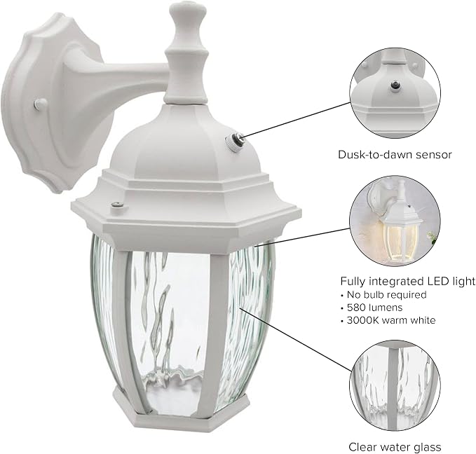 Maxxima LED White Outdoor Wall Light, 580 Lumens 3000K, Dusk to Dawn Sensor | Clear Water Glass, Warm White, Photocell Sensor, Exterior Patio or Porch Sconce Fixture