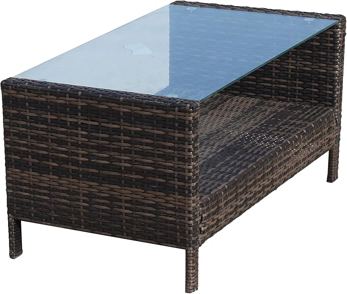 34.6" Patio Side Table, Large Rectangle Outdoor Coffee Table with Tempered Glass Top, Heavy Duty PE Rattan Wicker End Table, Patio Sofa Table for Backyard Deck Patio