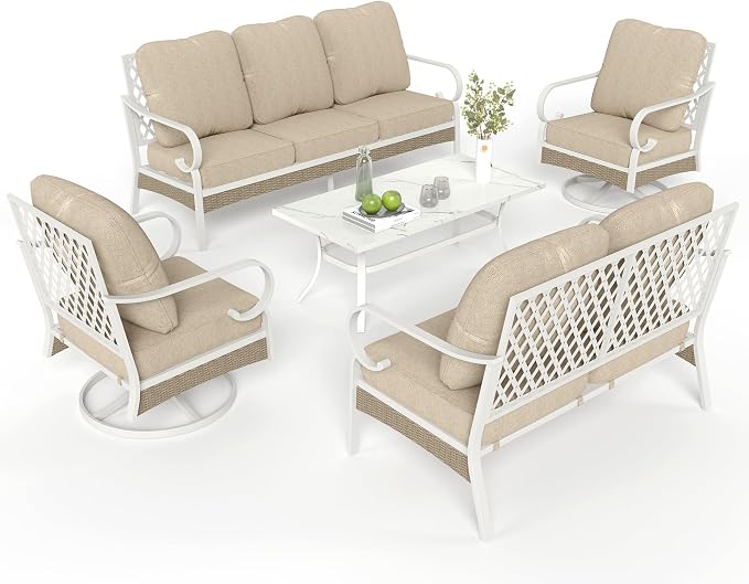 MIXPATIO 5 Piece Patio Furniture Set, 2 x Swivel Chair, 1 x 2-Seat Sofa, 1 x 3-Seat Sofa with Marbling Coffee Table, All Cushioned 7 Seats Outdoor Conversation Set for Lawn Garden Backyard, Beige
