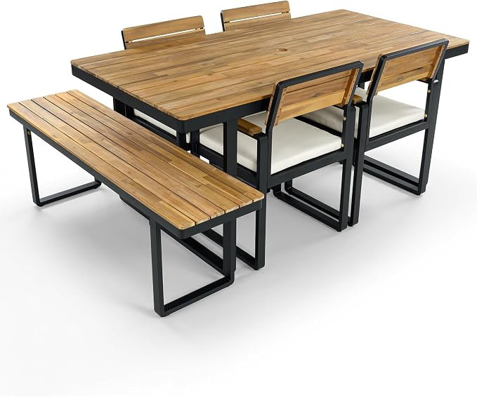 RuiSiSi 6-Piece Outdoor Dining Table Set, Acacia Wood Patio Dining Table Set with 1 Table, 4 Chairs, 1 Bench, Comfortable Cushions and Adjustable Feet for Patio, Garden, Backyard, Beige Cushion