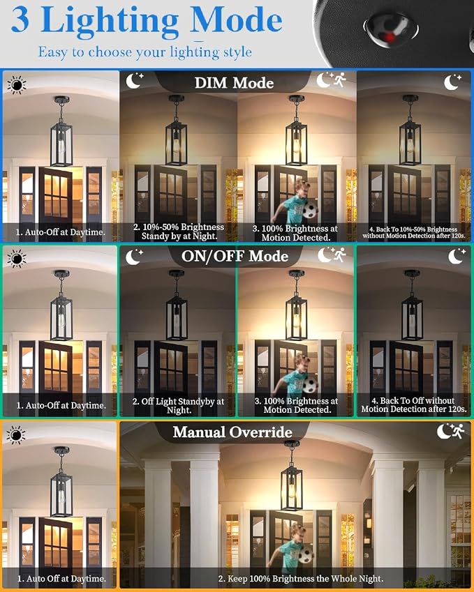 15'' Large Motion Sensor Outdoor Pendant Lights, With Dusk to Dawn Sensor | Modern Outside Chandelier Outdoor Hanging Lantern with Clear Glass, Exterior Pendant Lighting Fixture for Porch, Black, 1Pack