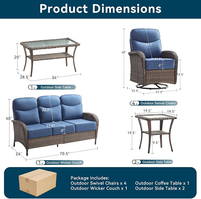 8 Pieces Luxury Outdoor Patio Furniture Set with 6-Inch Thick Cushions, Wicker Outdoor Furniture with High Back Swivel Patio Chairs Set of 4, Patio Conversation Set for Deck Garden Porch, Blue
