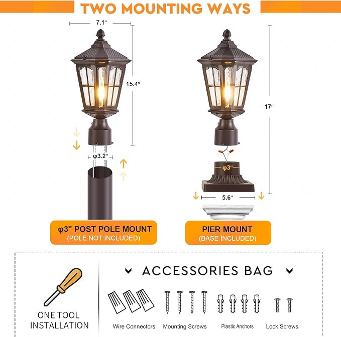 Dusk to Dawn Outdoor Post Lights with Pier Mount Base, Aluminum Exterior Pillar Light Fixture with Water Ripple Glass, Oil Rubbed Bronze Pole Light for Garden, Patio, Pathway
