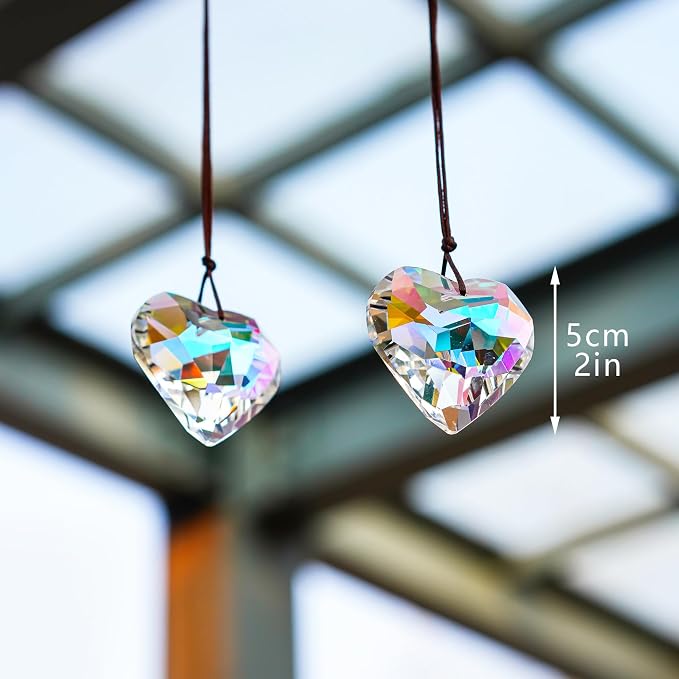 2 Pcs 50mm AB Heart Crystal Prism Rainbow Suncatcher Window Decor | AB Color Heart Crystal Prism Suncatcher Pendants Rainbow Chandelier with Rope for Window Garden Home Wedding Decor