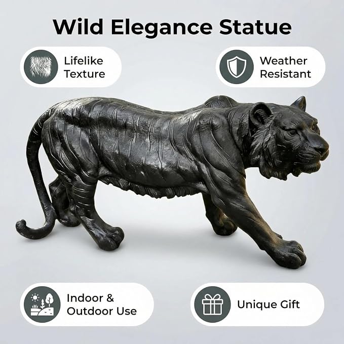 Black Walking The Tiger Garden Statue, 33.46" Outdoor Animal Decor | Extra Large, Realistic Fur Texture & Stripes, For Lawn, Patio, Yard