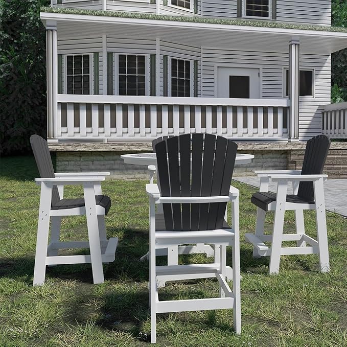 Outdoor Bar Height Table and Chairs Set of 5, Round Counter Bar Table with 1.96" Umbrella Hole, 4 Pcs Tall Adirondack Chairs Bar Stools with Arm, Patio Dining Set for Backyard Deck Balcony Front Porch