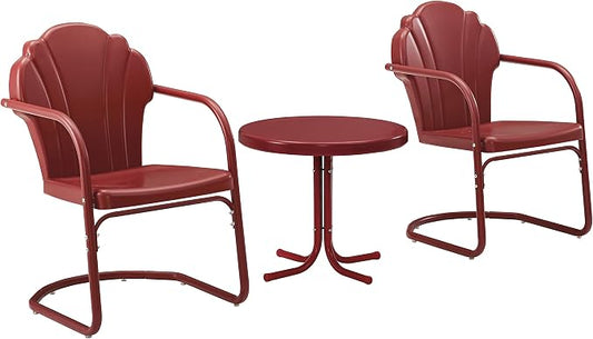 Crosley Furniture Tulip 3-Piece Outdoor Chair and Side Table Set, Retro Metal Patio Conversation Sets, Red