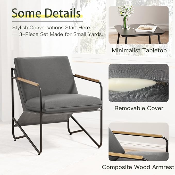 3-Piece Patio Furniture Set, Compact Outdoor Conversation Set with 2 Chairs and Glass Table, Weather-Resistant for Apartment Patio, Small Spaces, Balcony, Backyard – Grey