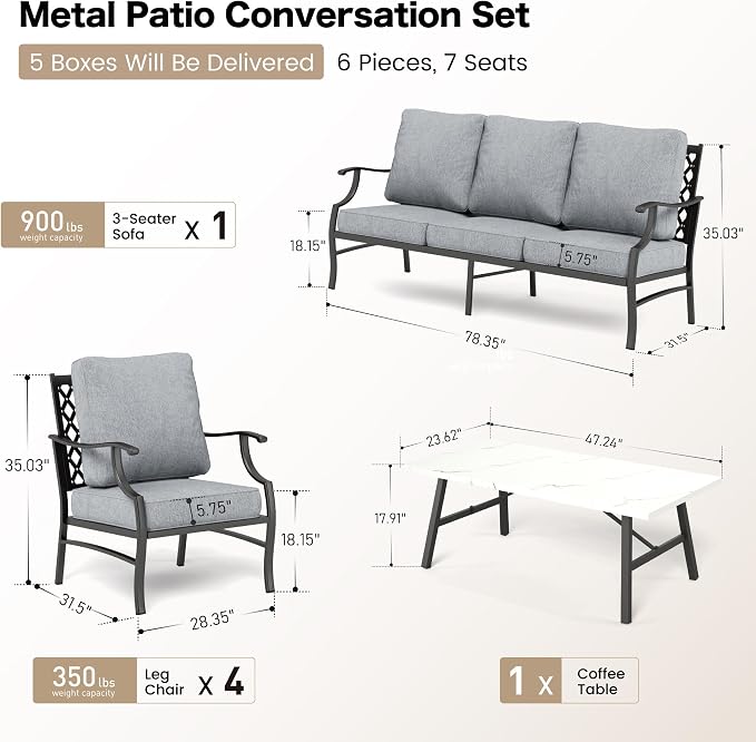 SUNSHINE VALLEY 6 Piece Metal Outdoor Patio Furniture Set, Patio Conversation Sets 1 3-Seater Sofa, 4 Fixed Chairs with 5.75" Thick Cushion and Coffee Table, Backyard Furniture Set for Deck, Gray