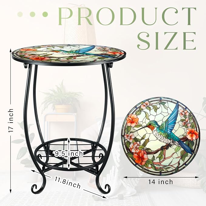 Cinnvoice Outdoor Side Table Round Small Mosaic Patio Accent Indoor End Plant Coffee Tea Table for Yard Patio Porch Garden Living Room, Bedroom(Hummingbird A Style,14 Inch)