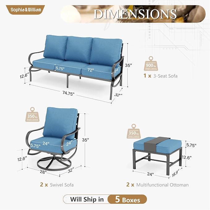 Sophia & William Patio Furniture Sets for 5 Outdoor Metal Conversation Sets 5 Pcs with 2 x Cushioned Swivel Sofa Chairs, 2 x Ottomans as Coffee Table, 1 x 3-Seat Sofa, Lawn Backyard Poolside Navy