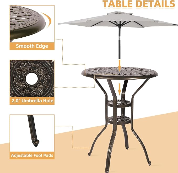 Cast Aluminum Patio Bar Table, 31" Outdoor Bar Height Bistro Table with 2" Umbrella Hole, Patio Bistro Round High Top Dining Table Pub Table for Porch Balcony Backyard, Dark Bronze
