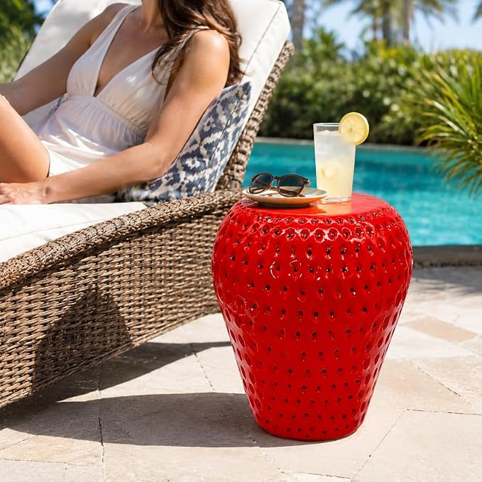 13.4" Strawberry Outdoor Garden Stool, Funky Fruit Side Table Indoor, Vibrant Table Home Decor Plant Stand Garden Indoor Outdoor Decorations