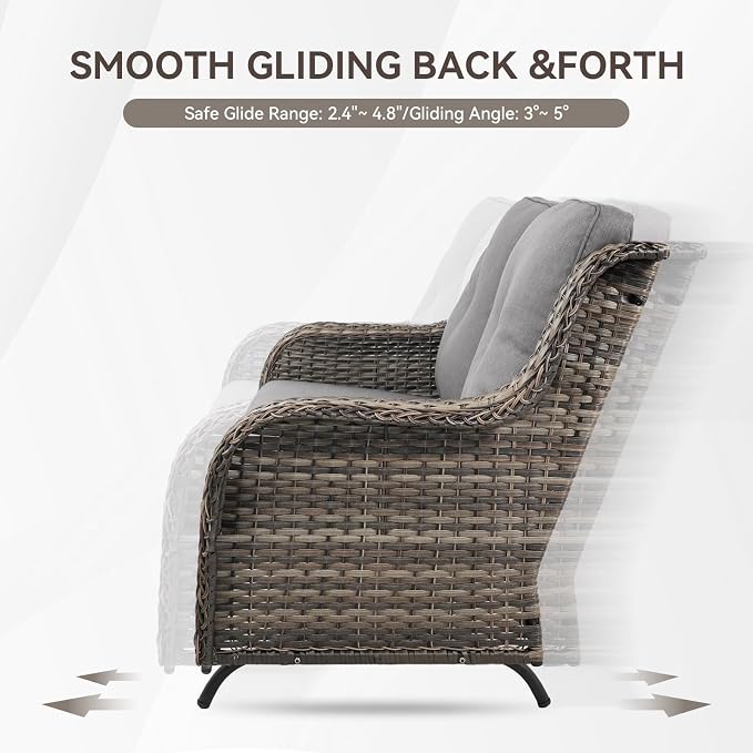 Patio Loveseat Wicker Loveseat Rattan Glider Sofa with Curved Armrest Thicking Back & Seat Cushions for Garden Balcony Backyard Grey Wicker|Grey Cushions (A) Patio Loveseat Glider