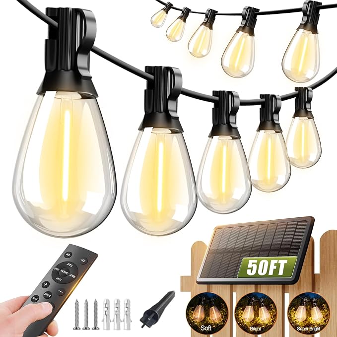 Likesky 50FT Solar String Lights Outdoor with Remote,18+1LED Shatterproof Bulbs & USB Port, Waterproof 3 Modes Dimmable Solar Lights for Backyard, Patio, Camping