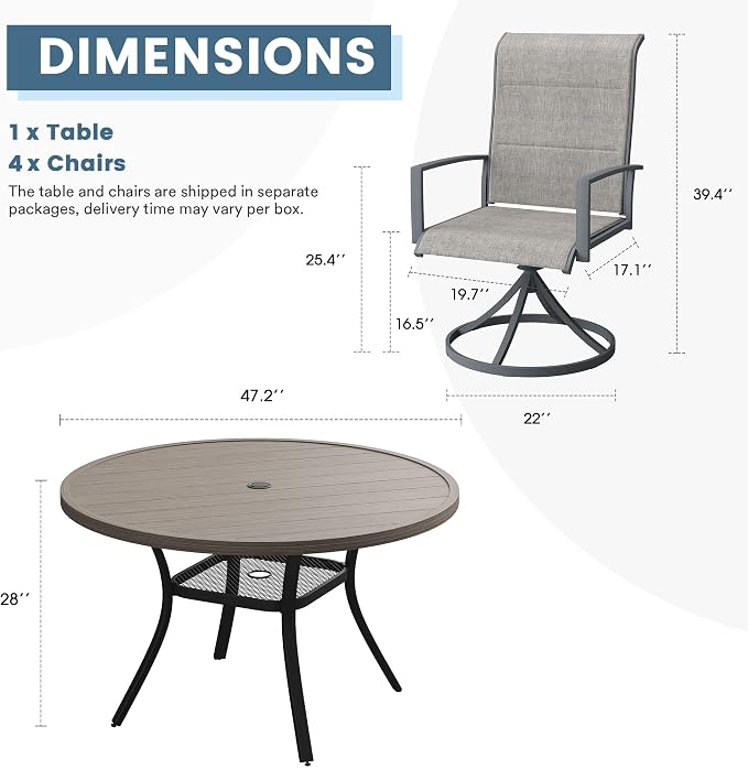 DIFY 5 Piece Outdoor Patio Dining Set for 4, 47.2" Grey Wood-Like Round Metal Dining Table and Swivel Patio Chairs with Grey Padded Textilene, All-Weather Outdoor Furniture Set for Garden Backyard