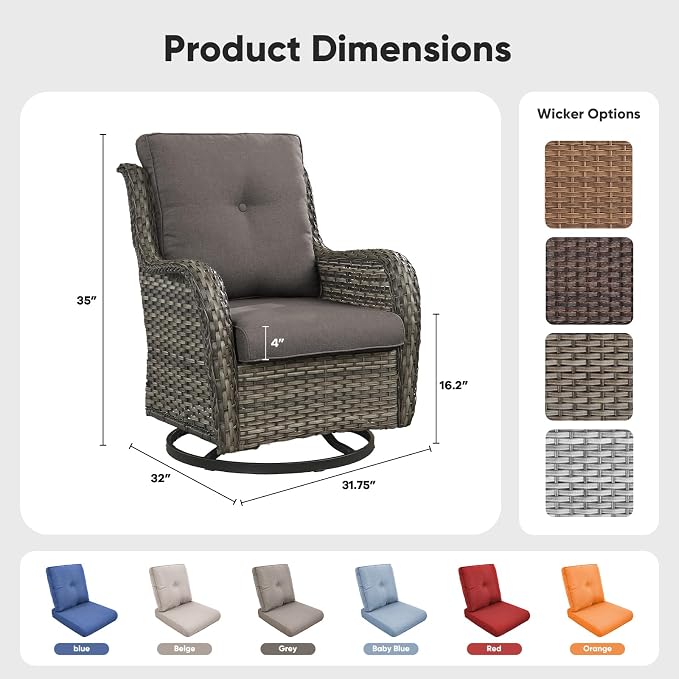 Belord Outdoor Swivel Chairs Set of 2,Patio Wicker Rocker Chairs,All Weather Patio Conversation Furniture Set, Ideal for Porch Balcony Deck Yard, Gray Wicker/Gray