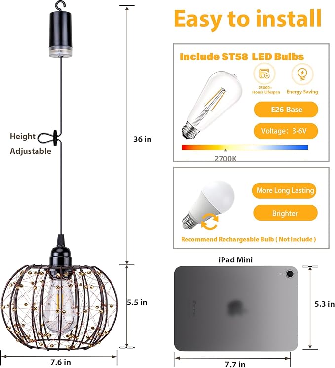 Battery Operated Hanging Chandelier Outdoor, Set of 2 with Remote, No Wiring, Boho Copper Wire Beaded Pendant Light, IP55 Weatherproof, Dimmable Timer, for Gazebo Pergola Porch Patio Decor