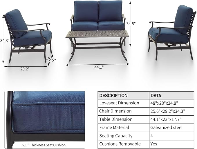 Patio Conversation Set 4 Pieces Cushioned Outdoor Furniture Sets with All Weather Frame for Porch Backyard Lawn (Navy-Blue)
