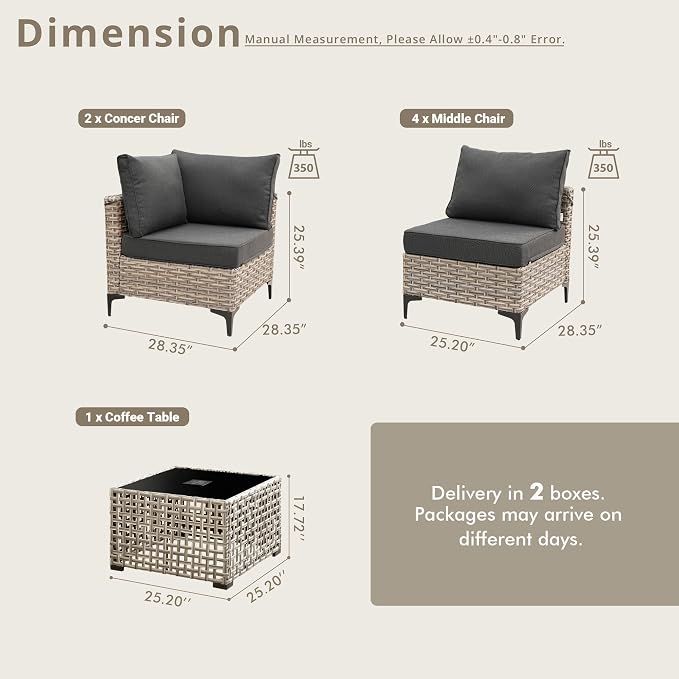7 Pieces Patio Sectional Furniture Set, Outdoor Wicker Sectional Couch with Solar Lights Table, Modern Conversation Set for Porch Balcony Backyard, Black