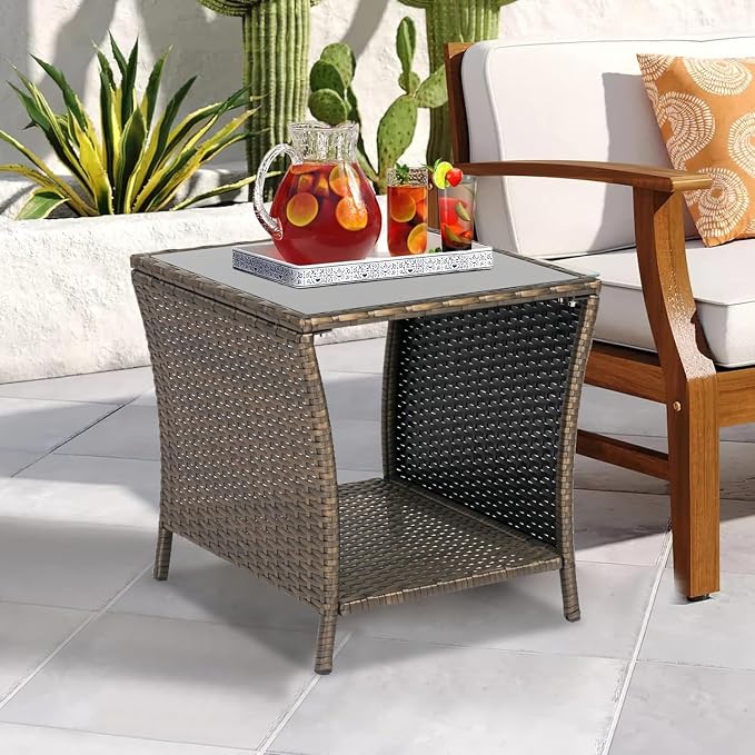 Kinsuite PE Rattan Patio Side Table - Outdoor Wicker End Table with Glass Top, Rattan Coffe Table in Iron Frame for Backyard Balcony Poolside, Dark Blonde