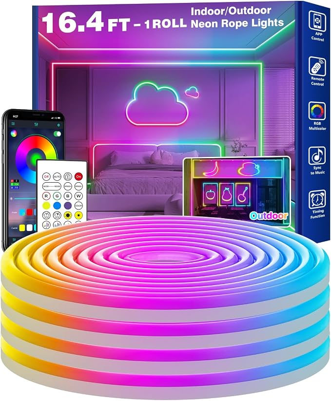 RCUICA 16.4FT LED Neon Rope Lights Waterproof with Smart App Control Remote,DIY Scene Modes,Music Sync hronization,Eaves Lights for Garden Decor,Deck,Christmas