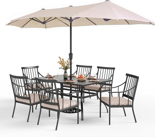 PHI VILLA 7 Piece Patio Dining Set, Rectangular Metal Table | Metal chairs, Fixed Chair, 13ft Large Beige Umbrella, 1.57" umbrella hole, Cushions, powder-coated